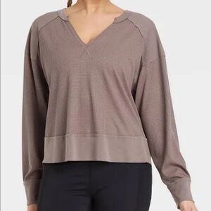 Joylab Waffle Relaxed Fit Oversized Long-Sleeve Brown Purple Tee Top, Size Small